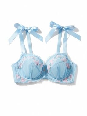 Auden Light Blue Underwire Bra with Pink Floral Lace & Ribbon Straps